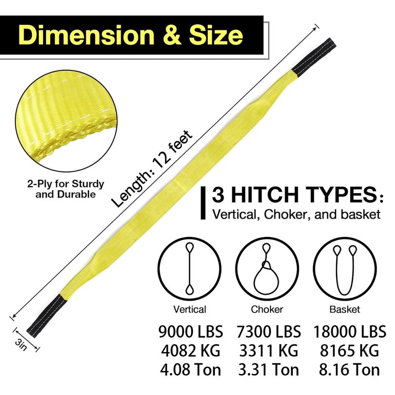 sumpluct Lift Sling Straps,3"x 12' 2-Ply Heavy Duty Flat Eye Lifting Sling Straps, Lift Strap for Hoist Tow Rigging Securing Moving, Web Winch Strap for Trailer, Truck 9000 Vertical, 7300 Choker, 18000 Basket - Image 2